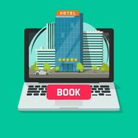 Hotel booking online using computer vector illustration, flat cartoon laptop with city hotel and book button on display, reservation technology clipart