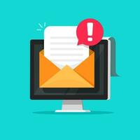 Email message with spam or error alert vector illustration, flat cartoon computer screen envelope letter document with exclamation sign notice, warning data or attention messaging image