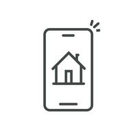 Smart home on phone vector illustration, line outline art protection and security remote control technology for house via cellphone or smartphone clipart