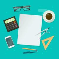 Flat lay of table with blank paper page for copy space vector illustration, cartoon learning or education objects on working desk top view, homework or study, workplace layout