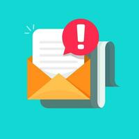 Email message with warning alert icon vector illustration, flat cartoon envelope mail with document and exclamation attention symbol, concept of virus report or caution risk letter notification image