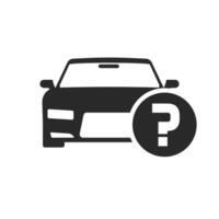 coche o automóvil con pregunta marca vector símbolo, plano dibujos animados negro y blanco auto con duda estado o comprando Consejo icono o pictograma aislado clipart