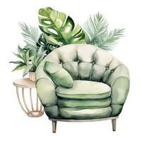 Watercolor illustration of a modern armchair in retro style. Single element, clipart, boho, cozy. Generative AI photo