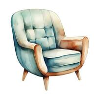 Watercolor illustration of a modern armchair in retro style. Single element, clipart, boho, cozy. Generative AI photo