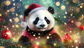 Panda bear with Christmas Background. Ai Generative. photo