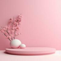 Pink space, podium, product display room. Simple scene for advertising cosmetics, items, goods. Generative AI photo