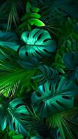 Vertical wallpaper of palm leaves and monstera in jungle, idea for interior, top view. AI generated photo