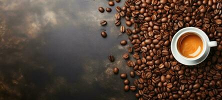 International Coffee Day banner with free space, cup and coffee beans, top view.Generative AI photo