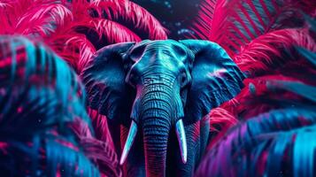 Elephant portrait in the jungle, futuristic neon design, wallpaper idea for interior. AI generated photo