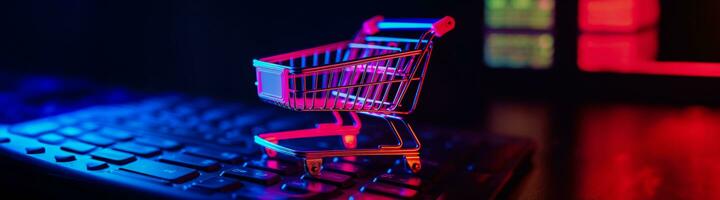 Shopping cart stands on keyboard, banner idea for Cyber Monday, online shopping photo