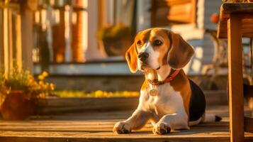 The dog lies on the porch of the house, space for text and banner for world animal day. AI generated photo