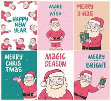 Christmas cards, posters, prints, wallpaper set with cute hand drawn Santa Clauses and lettering quotes. EPS 10 vector