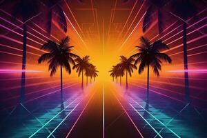 Abstract geometric pool party background center perspective with colorful led neon lines. Summer light music show scene, glowing futuristic shapes on dark background. AI photo
