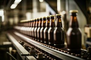 Beer bottles on production line. Conveyor belt in automated beer factory. Generative AI photo