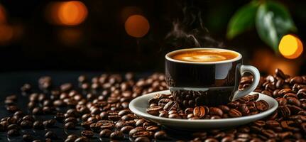 cup and coffee beans on a wooden table, fragrant espresso in a bar, free space. Generative AI photo