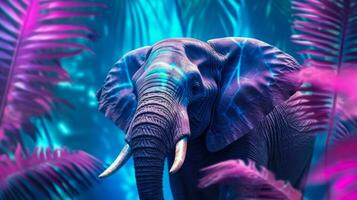 Elephant idea in futuristic neon jungle, futuristic design, interior wallpaper idea. AI generated photo