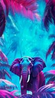 Vertical drawing of an elephant in futuristic neon jungle, wallpaper idea for cover. AI generated photo