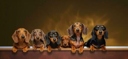 Funny dachshunds sitting wall background with copy space, banner idea world animal day. AI generated photo