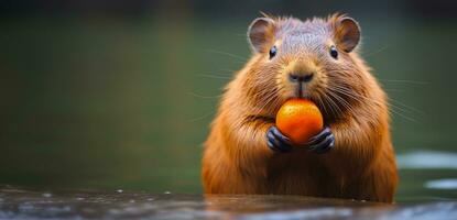 Funny capybara, web banner with copy space, animal care, world animal day. AI generated photo