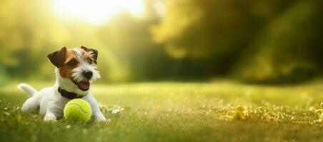 Jack Russell terrier jugando con un pelota, mascotas, Copiar espacio, bandera idea. ai generado foto