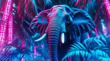 Wild elephant in jungle, futuristic neon design, wallpaper idea for interior or tech. AI generated photo