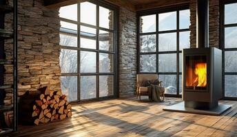 Project of a hall with a fireplace in interior of country house in mountains, old style. AI generated photo