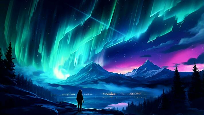 AI Generative Silhouette of a Person in Awe of the Beautiful Aurora in the Snowy Mountain Landscape
