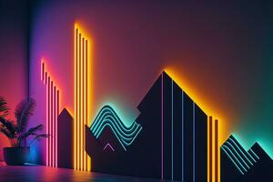 Wall with colorful neon led light futuristic shapes on dark background. Abstract background with glow. AI photo