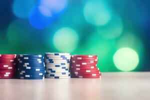 Casino tokens or casino poker chips on table, colorful blur background. Generative AI photo