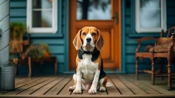 Beautiful beagle sitting on the porch of the house, animal care, world animal day. AI generated photo