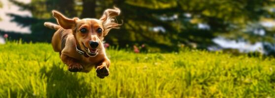 Dachshund runs through clearing, banner concept with copy space for World Animal Day. AI generated photo