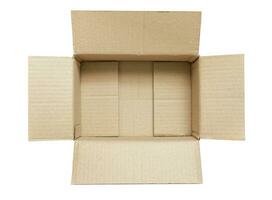 Open empty brown cardboard box isolated on white background top view photo