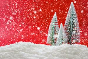 Empty white snow with blur Christmas tree background photo