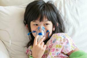 Sick little asian girl inhalation with nebulizer for respiratory treatment photo