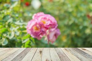 Empty wood table top with blur rose garden background for product display photo