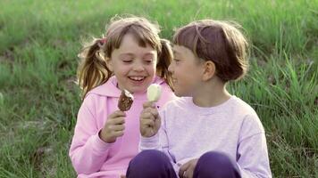 zwei Kinder Essen Eis Sahne im das Gras video