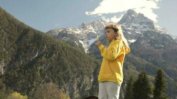 un niña en un amarillo chaqueta en pie en un campo con montañas en el antecedentes video