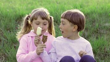 twee kinderen aan het eten ijs room in de gras video