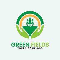 green field logo icon design inspiration with tree, sun and hand vector illustration