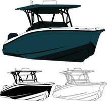 Front view fishing boat vector line art and one color