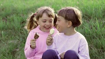 deux les enfants en mangeant la glace crème dans le herbe video