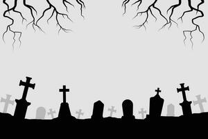 Halloween silhouette background with trees, tombstones, Cemetery in forest. vector