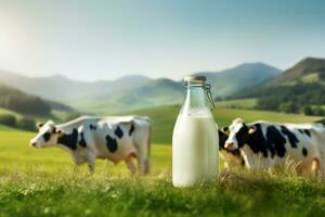 botella de Leche en contra verde prado con pasto vacas generativo ai foto