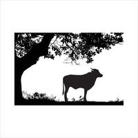 Cow and tree vector silhouette.