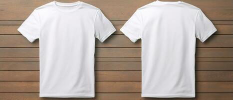 White male t-shirt mockup front and back view on wooden background AI Generative photo