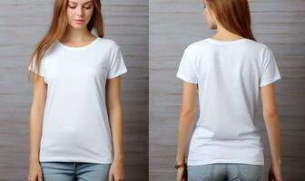 White empty t-shirt woman model template Mockup for design front and back view AI Generative photo