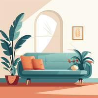 Illustration of a modern interior in flat style, sofa, pillow, painting. Living room, room, space. Generative AI photo