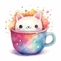 Cute watercolor illustration of kitten in a mug in kawaii style. Generative AI photo