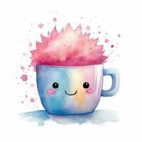 Cute watercolor illustration of a mug in kawaii style. Generative AI photo