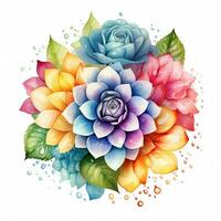 Watercolor flower bouquet, bright rainbow illustration on a white background. Generative AI photo